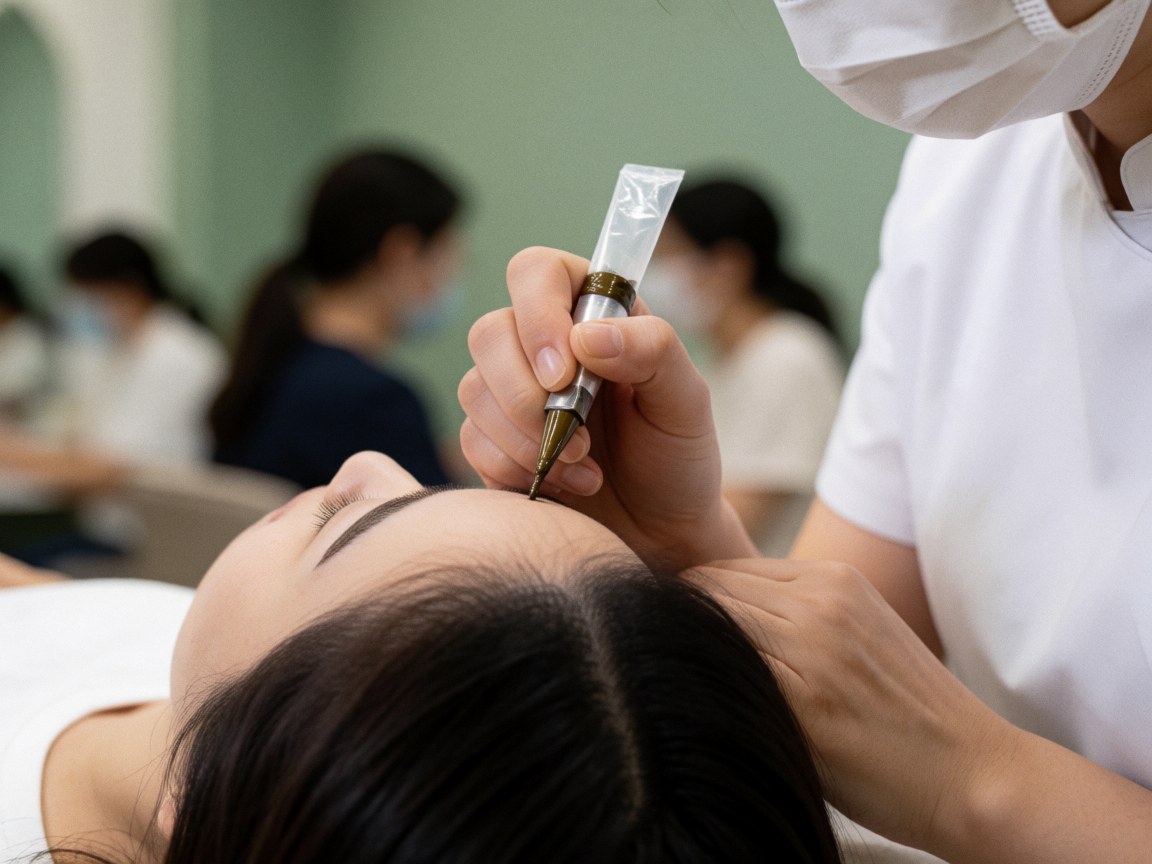 Une spécialiste avec un masque applique du henné avec précision sur la sourcile d'une cliente dans un salon au fond flou.