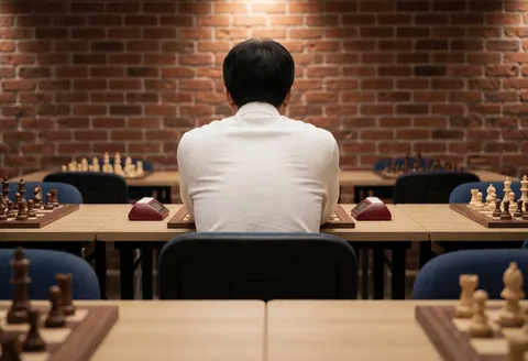 Vue arrière d'un joueur concentré devant un échiquier et une montre digitale dans une école d'échecs au décor brique.