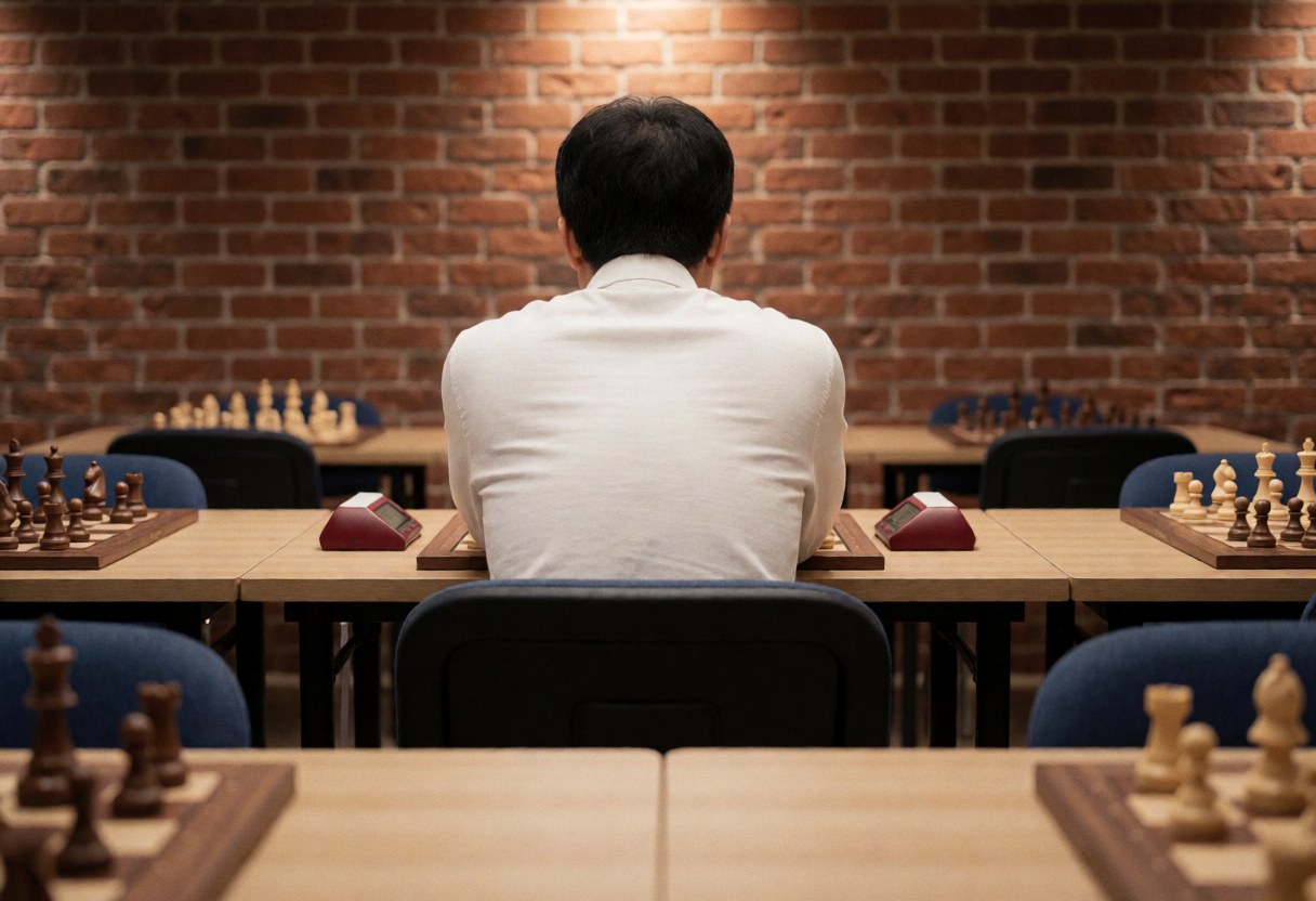 Vue arrière d'un joueur concentré devant un échiquier et une montre digitale dans une école d'échecs au décor brique.
