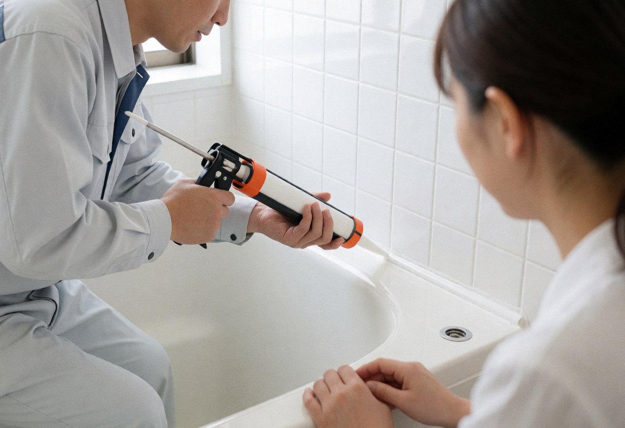 Un technicien applique du silicone sur la jointure d'une baignoire blanche pendant qu'une cliente observe le travail dans un bain de lumière naturelle.