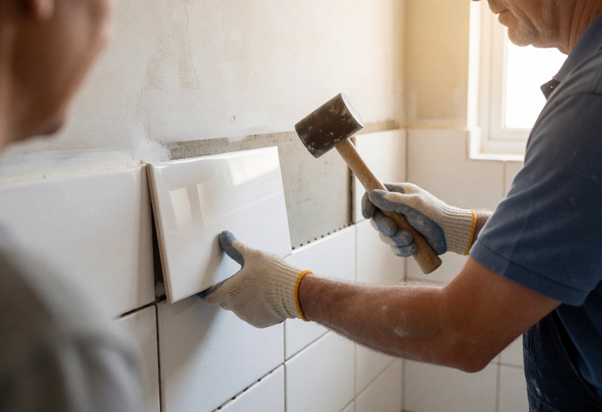 Un installateur de salles de bains place une tuile blanche sur un mur préparé, équipé de gants, sous lumière naturelle, avec outils et matériaux visibles.