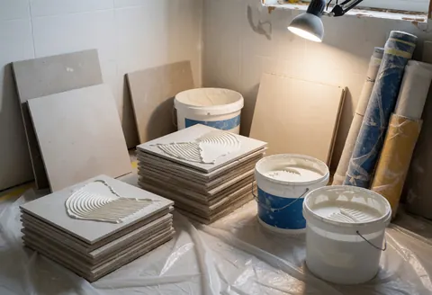 Pile de carreaux de salle de bain, seaux de colle et tuyaux de plomberie sur une bâche protectrice dans un chantier organisé.