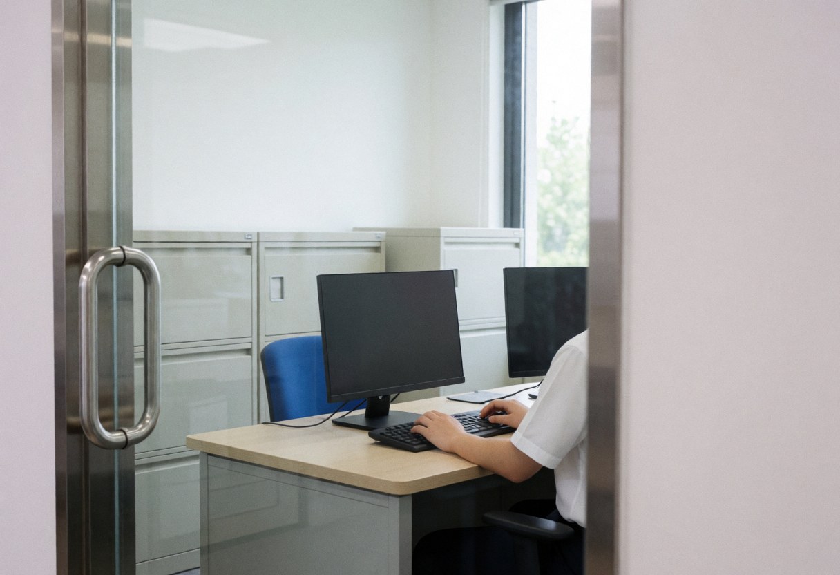Bureau administratif avec ordinateur, classeurs et fenêtre. Personne travaillant à un bureau. Ambiance professionnelle et propre.