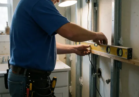 Un installateur de salles de bains professionnel aligne une pièce avec un niveau jaune, utilisant des outils réels dans une pièce en construction, éclairé par une lampe de travail.