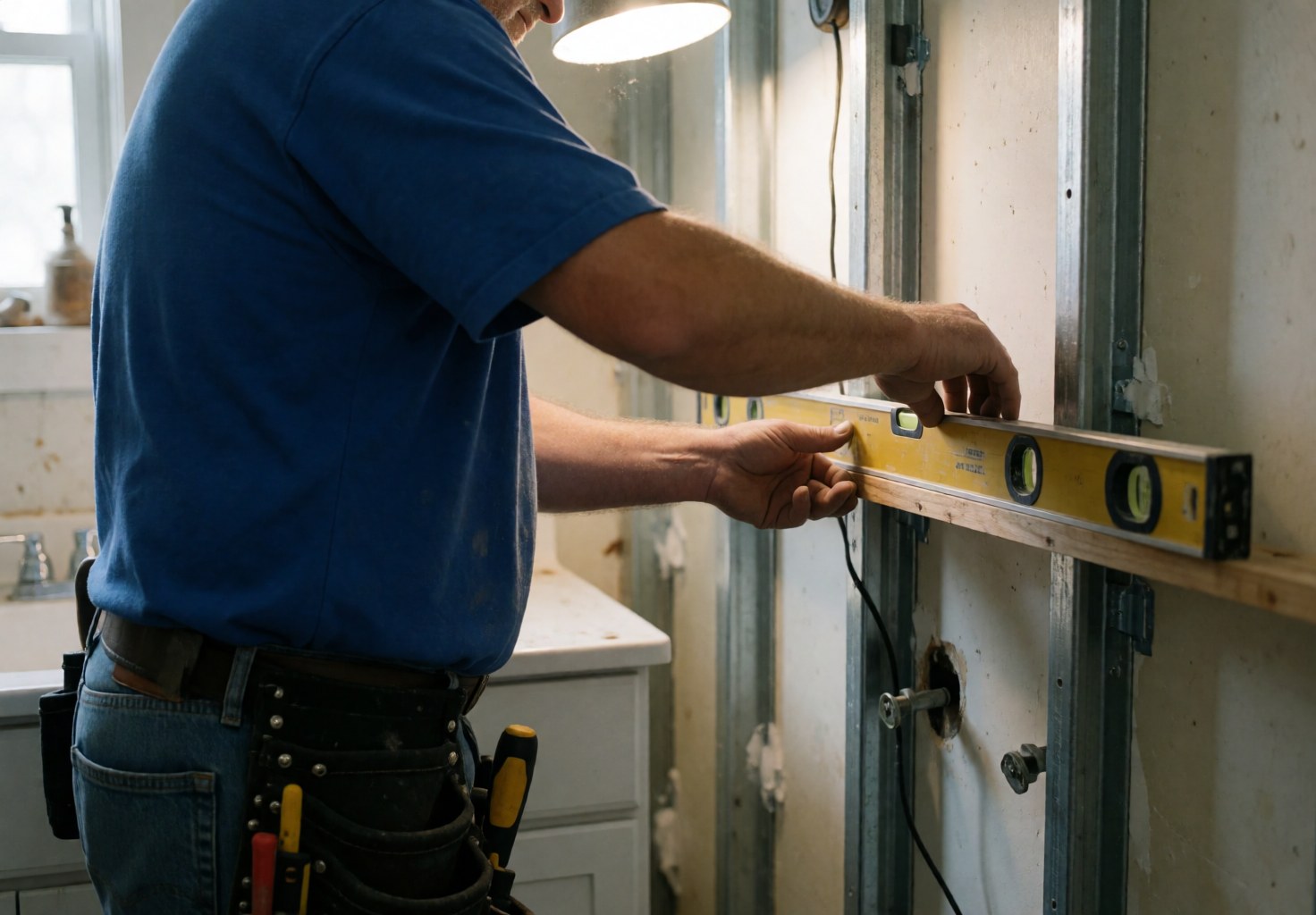 Un installateur de salles de bains professionnel aligne une pièce avec un niveau jaune, utilisant des outils réels dans une pièce en construction, éclairé par une lampe de travail.
