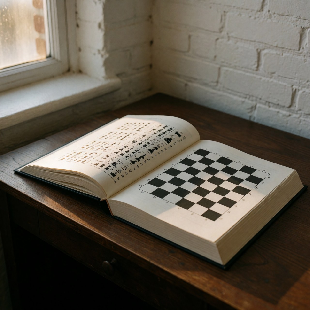 Un livre d'échecs avec notation algébrique posé sur une table en bois sombre près d'une fenêtre et d'un mur de briques blanches.