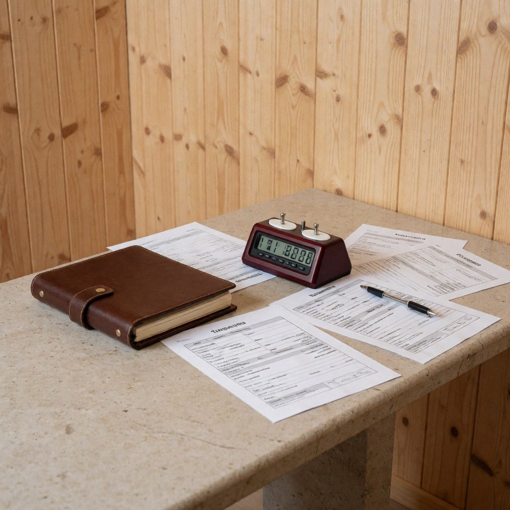 Chronomètre digital rouge, carnet en cuir marron et formulaires de tournoi posés sur une table en pierre avec des murs en bois clair.