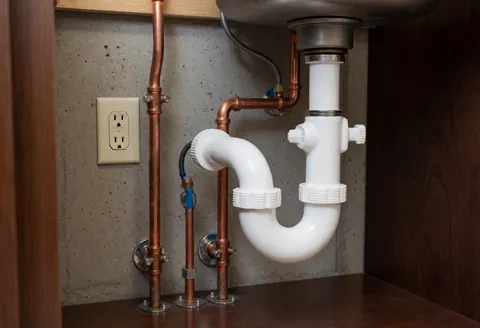 Installation de plomberie en phase brute avec tuyaux en cuivre, siphon blanc et prise électrique sur mur en béton.