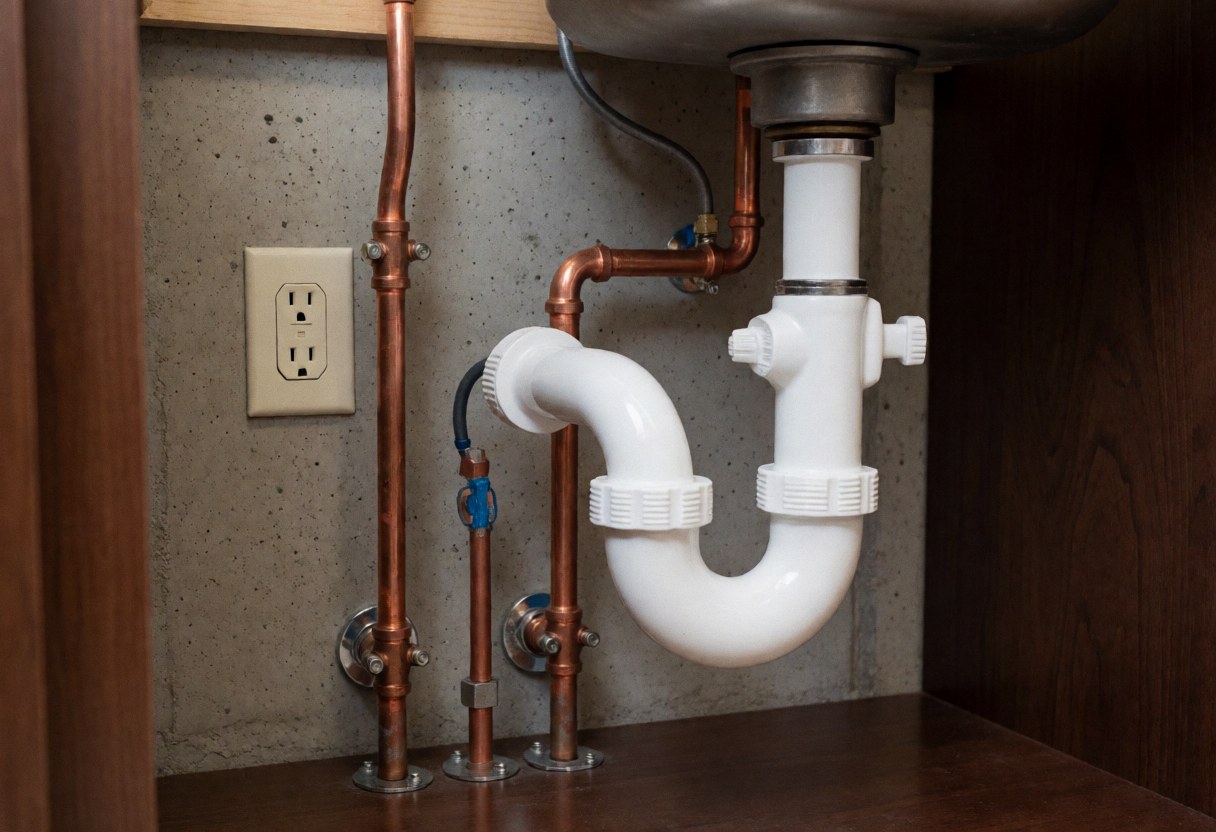 Installation de plomberie en phase brute avec tuyaux en cuivre, siphon blanc et prise électrique sur mur en béton.