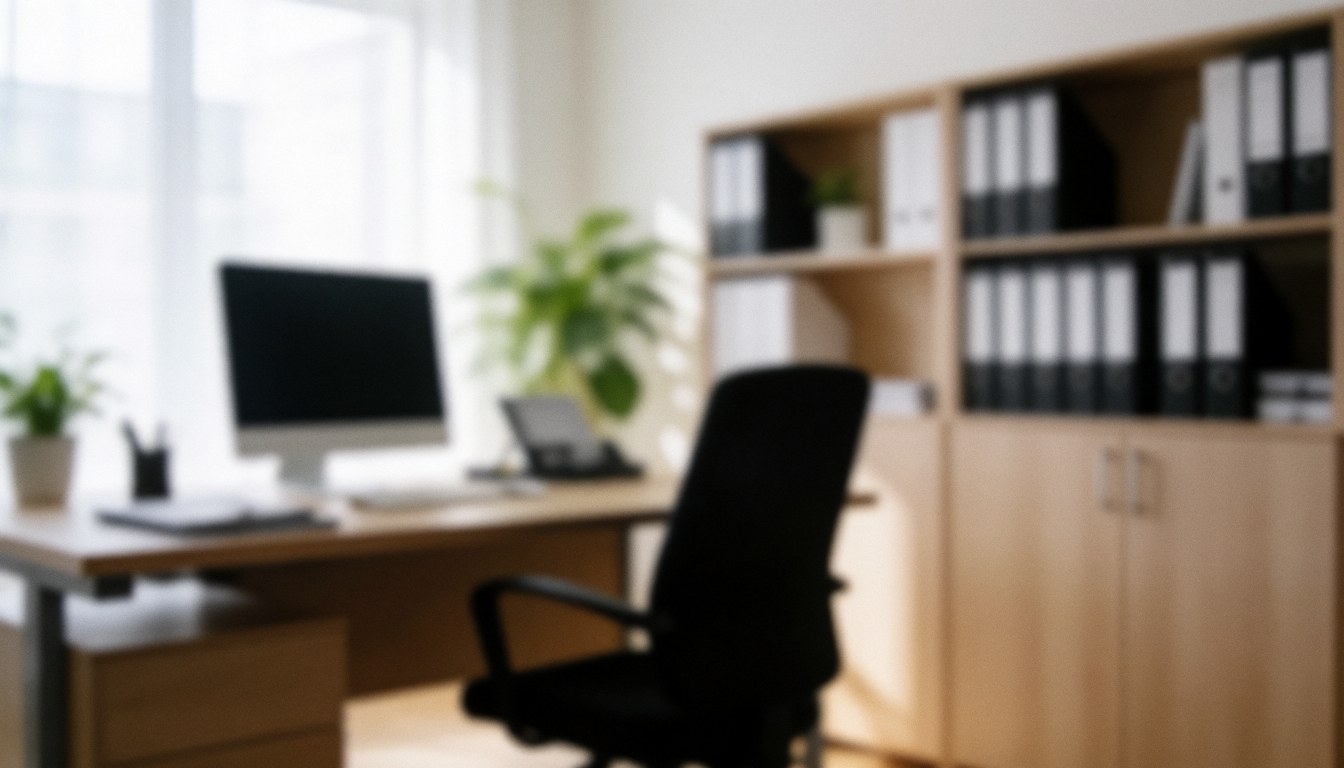 Espace de travail neutre comprenant un bureau, une chaise noire, une étagère en bois remplie de dossiers, éclairage naturel, plantes et fond flou idéal pour ajouter du texte.