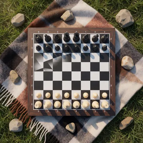 Un échiquier avec des pièces d'échecs disposées pour une partie, posé sur une nappe à carreaux au milieu de l'herbe sous un soleil éclatant.
