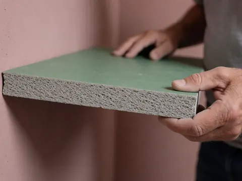 Un installateur de salles de bain tient un panneau de ciment à texture fibreuse devant un mur rose avec des outils.
