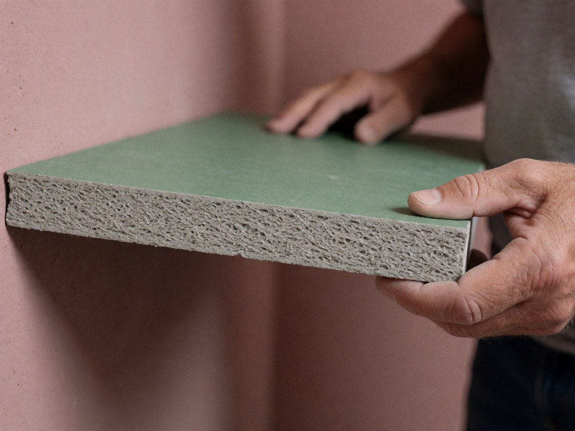 Un installateur de salles de bain tient un panneau de ciment à texture fibreuse devant un mur rose avec des outils.