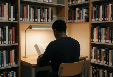 Vue arrière d'une personne assise à une table en bois, éclairée par une lampe, entourée d'étagères remplies de livres.