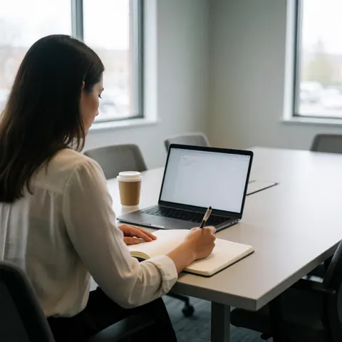 Une femme professionnelle écrit dans un cahen sur une table blanche près d'une fenêtre lumineuse, avec un ordinateur portable et une tasse de café.