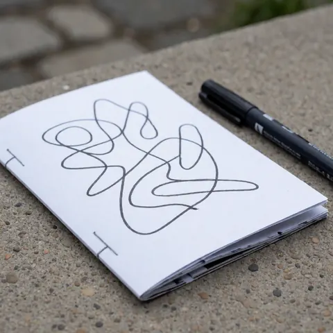 Zine d'écriture présentant un art abstrait en noir et blanc, réalisé au marqueur noir, posé sur une surface de béton urbain sous une lumière diffuse.