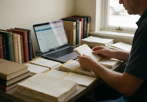 Un écrivain examine des fiches cartonnées à côté de livres et d'un ordinateur portable sur un bureau baigné de lumière naturelle.