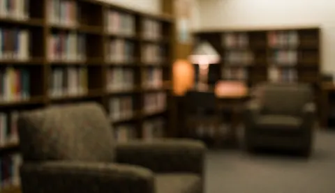 Fond de bibliothèque avec des étagères remplies de livres et des fauteuils rembourrés, éclairage doux et chaleureux, ambiance calme propice à l'étude.