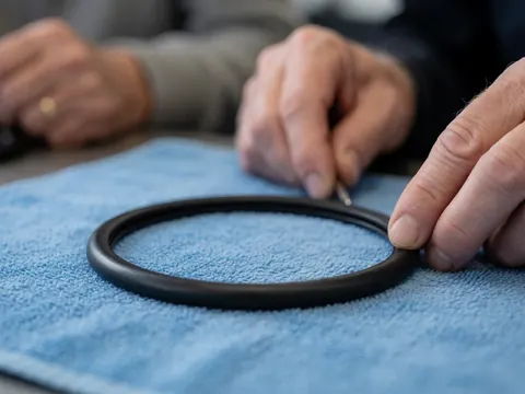 Mains effectuant une réparation de précision sur un joint torique noir posé sur un tissu bleu, outil visible et flou en arrière-plan.
