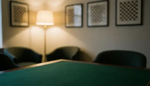 Table d'échecs sur fond flou, chaises et lampe, idéale pour textes. Ambiance calme et lumineuse.