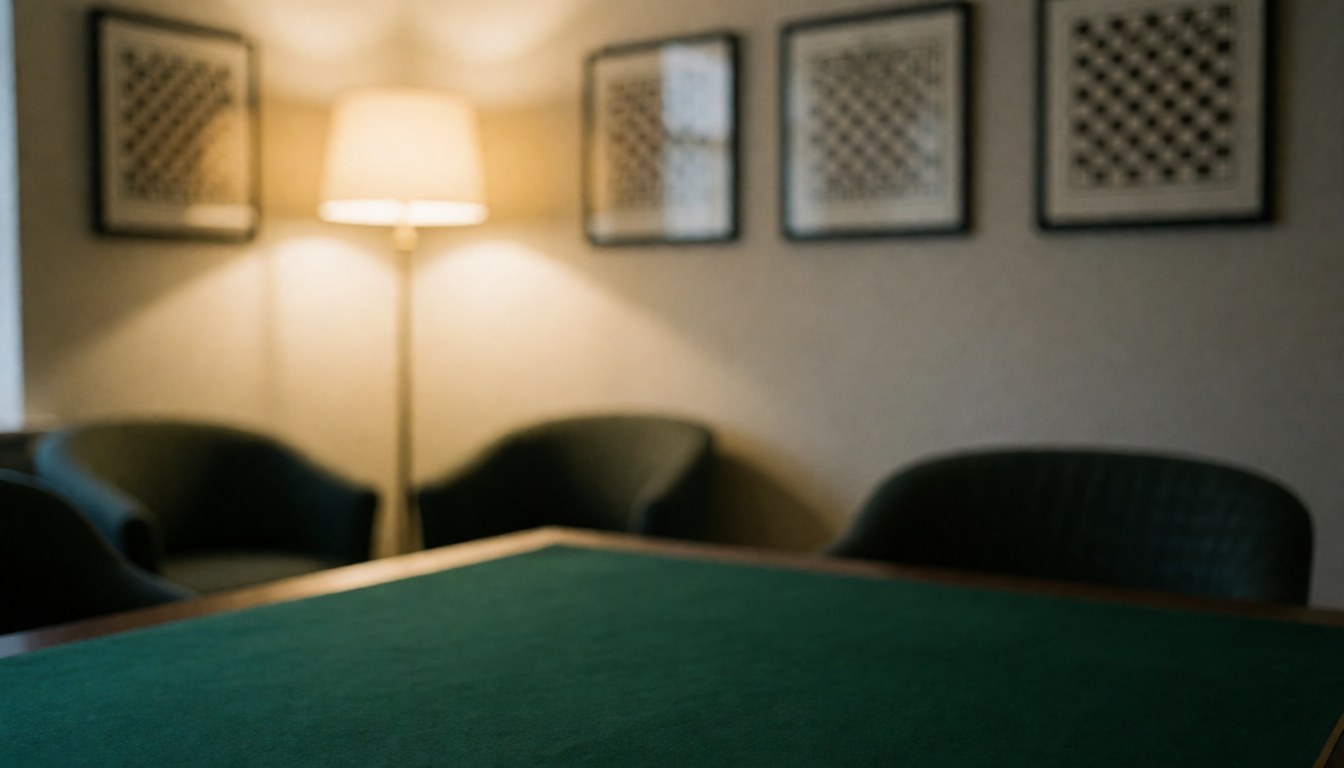 Table d'échecs sur fond flou, chaises et lampe, idéale pour textes. Ambiance calme et lumineuse.