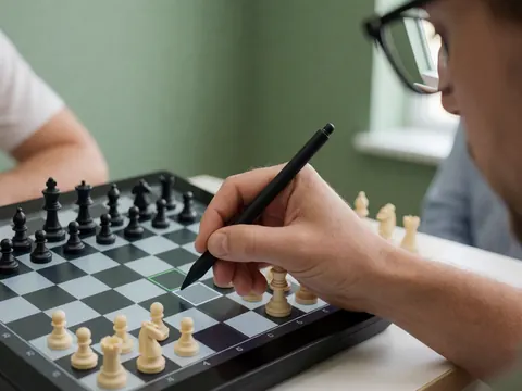 Gros plan d'une main adulte utilisant un stylet pour interagir avec une case sur un écran d'échiquier digital, reflet visible dans les lunettes, sur fond vert doux.