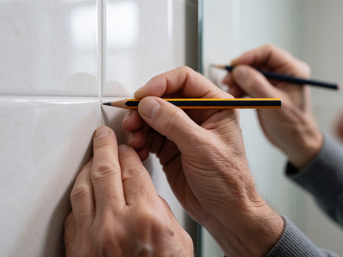 Main adulte marquant un point précis avec un crayon sur un mur de carreaux blancs brillants, détail pour le montage d'un miroir dans une salle de bain.