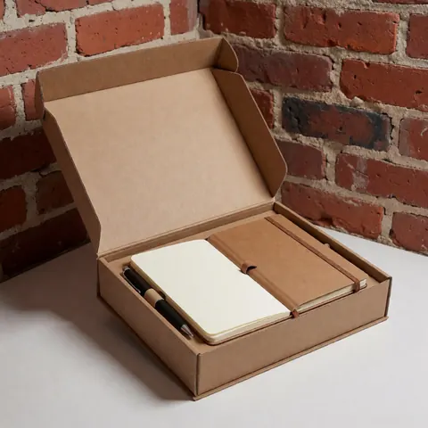 Boîte en carton marron ouverte révélant un cahier et un stylo posés sur une table blanche devant un mur de briques rouges.