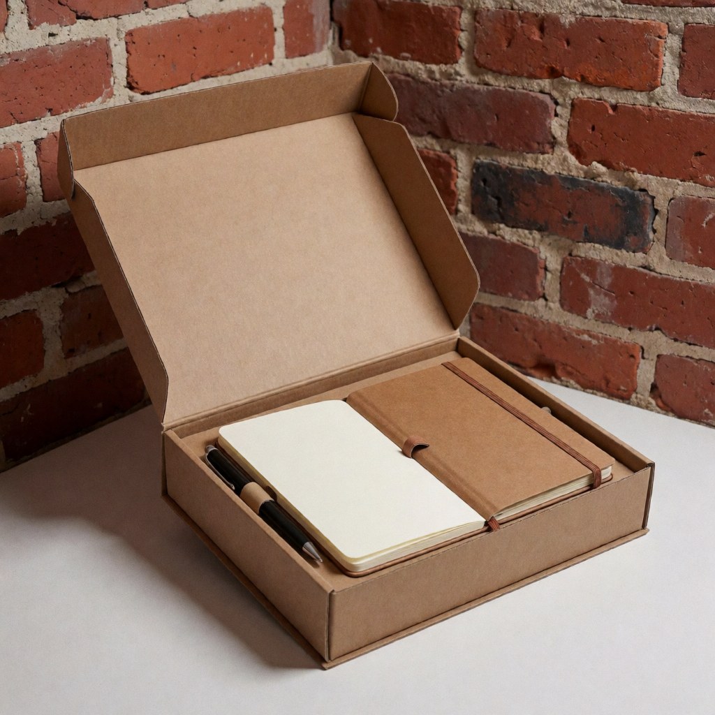 Boîte en carton marron ouverte révélant un cahier et un stylo posés sur une table blanche devant un mur de briques rouges.