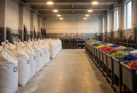 Entrepôt industriel de verrerie contenant des sacs de matière première et du cullet coloré dans des chariots, éclairé par une lumière chaude sur un sol en béton poli.