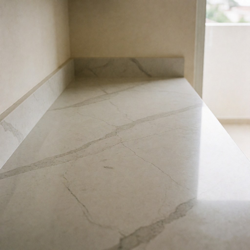 Plan de travail en quartz gris veiné dans une cuisine moderne avec murs beige, éclairage naturel diffus, surface polie et propre.