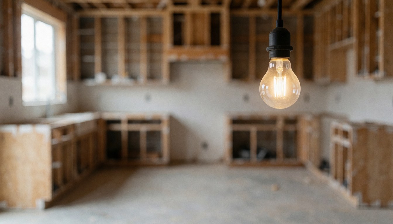 Lampe à filament allumée suspendue dans une cuisine en construction avec des cadres en bois flous et un sol en béton.