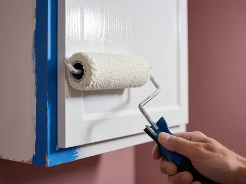 Main utilisant un rouleau pour appliquer de la peinture blanche sur un cadre en bois, avec du ruban bleu pour des lignes nettes et une texture visible sous la peinture fraîche.