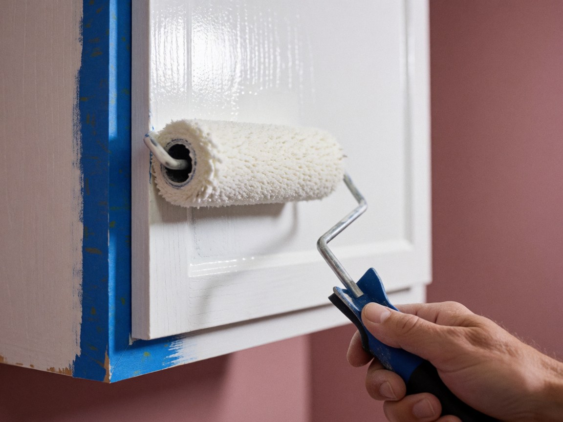 Main utilisant un rouleau pour appliquer de la peinture blanche sur un cadre en bois, avec du ruban bleu pour des lignes nettes et une texture visible sous la peinture fraîche.