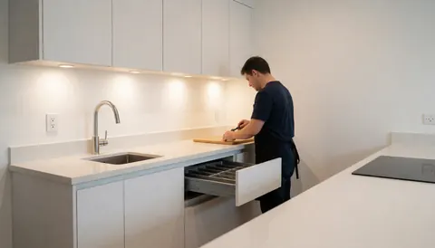 Un installateur ajuste un meuble blanc avec éclairage intégré, montrant les détails de l'installation et la finition soignée de l'espace.