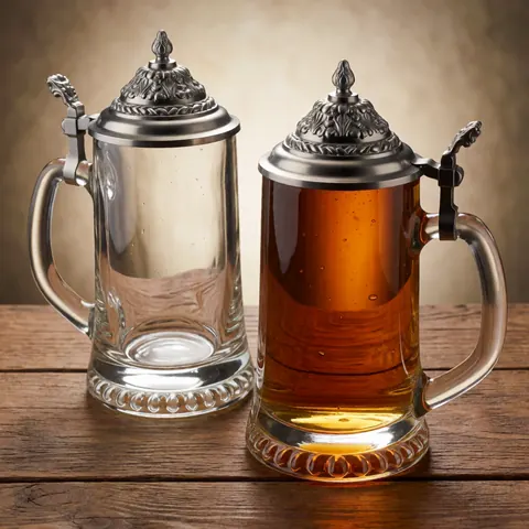 Deux cruches de verre contenant de la bière, l'une pleine et l'autre vide, posées sur une table en bois rustique sous un éclairage chaud.