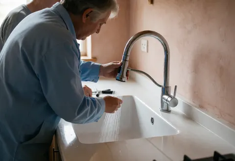 Un installateur de cuisines teste un robinet sur un évier blanc. Des outils sont visibles à côté, devant des murs en terre cuite.