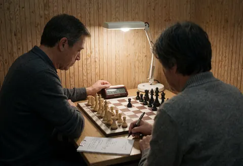 Deux adultes dans une école d'échecs, l'un vérifie la pendule et l'autre note sur un tableau sous une lampe de bureau, mur en bois.