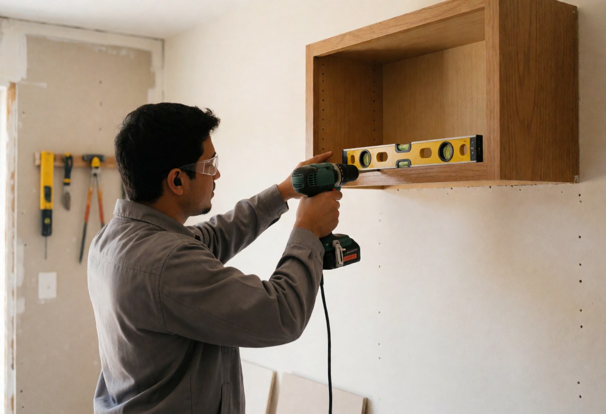 Un installateur professionnel fixe un placard en bois sur un mur à l'aide d'un niveau et d'une perceuse électrique, des outils étant suspendus en arrière-plan.