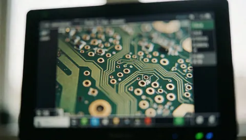 Vue agrandie d'un circuit imprimé vert et doré sur un écran avec bord flou servant de fond technique moderne pour du texte.