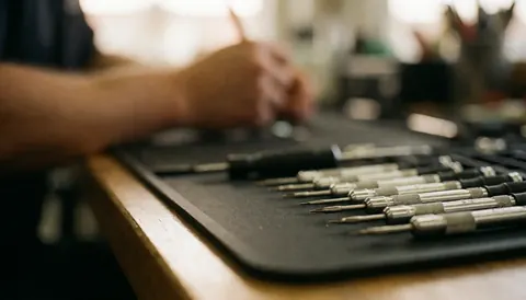 Des tournevis de précision sont disposés sur un tapis antistatique dans un atelier de réparation de téléphones, avec une lumière chaude et un arrière-plan flou.