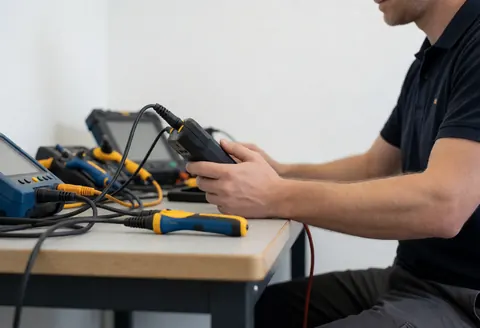Technicien travaillant avec des outils de diagnostic sur une table, entouré de câbles et d'équipements électroniques, sur un fond flou.