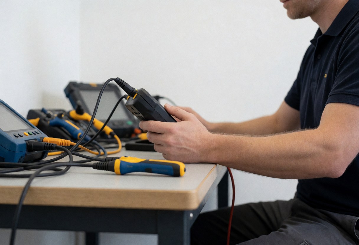 Technicien travaillant avec des outils de diagnostic sur une table, entouré de câbles et d'équipements électroniques, sur un fond flou.