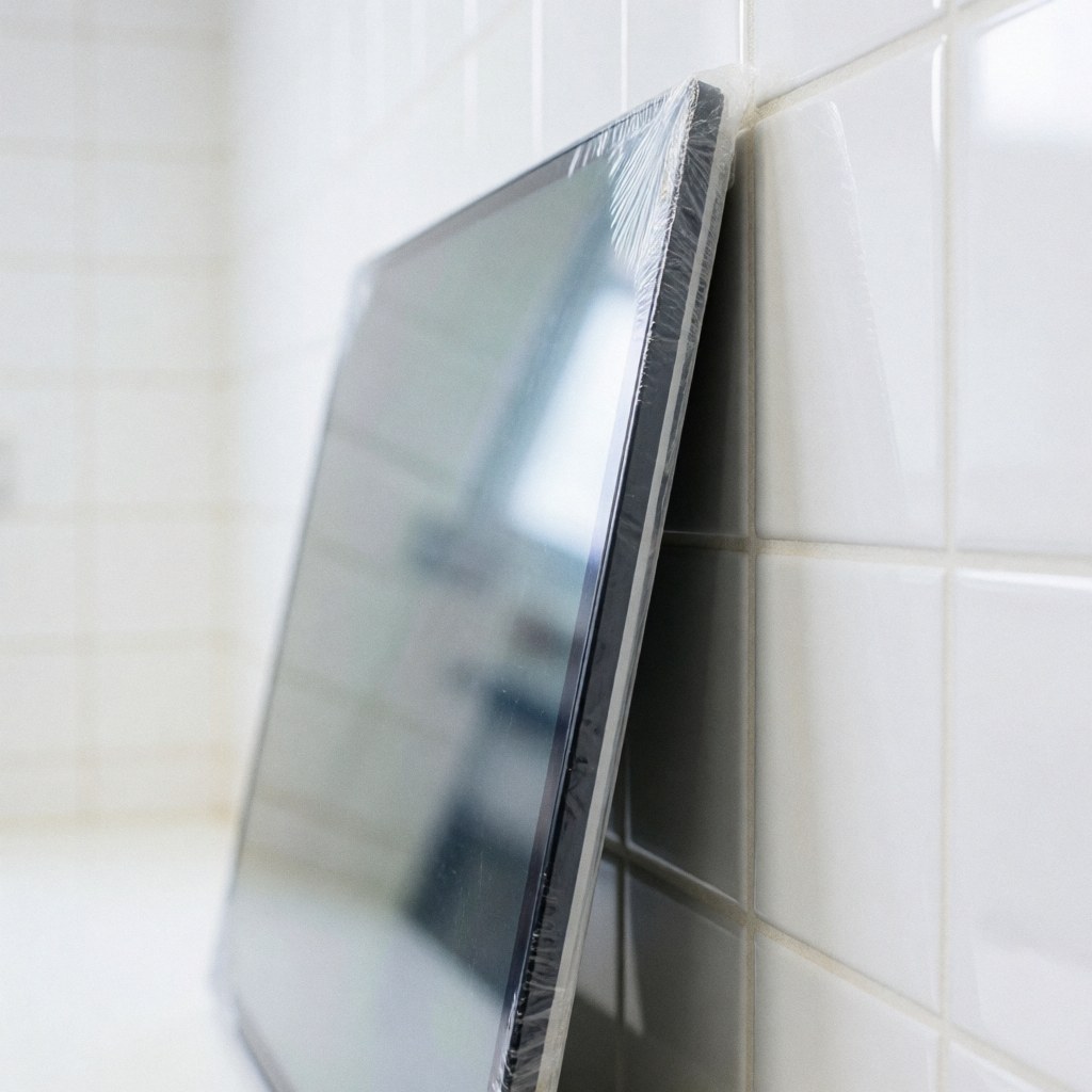 Écran LCD neuf enveloppé de plastique transparent posé sur un mur de carreaux blancs. Scène propre et professionnelle pour la réparation de téléphones.
