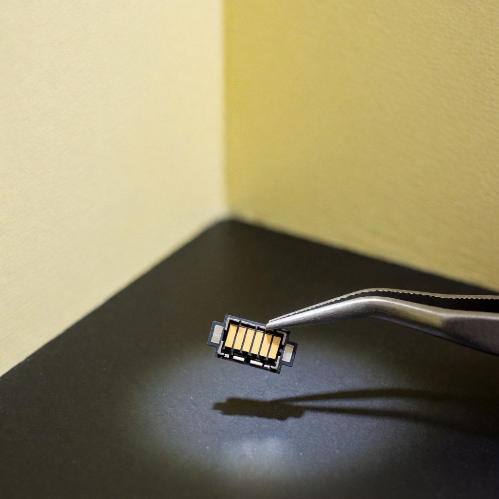 Connecteur usb-c doré tenu par des pinces sur fond sombre pour réparation de téléphones
