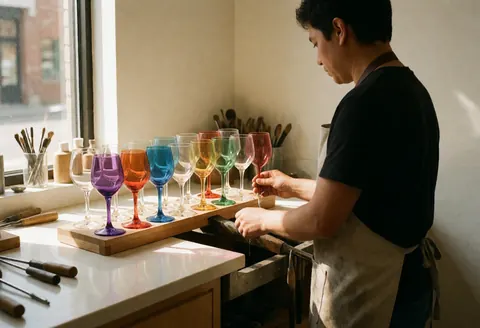 Un artisan verrier examine attentivement plusieurs verres colorés dans son atelier. La lumière naturelle éclaire les outils et le produit fini visible sur l'établi.