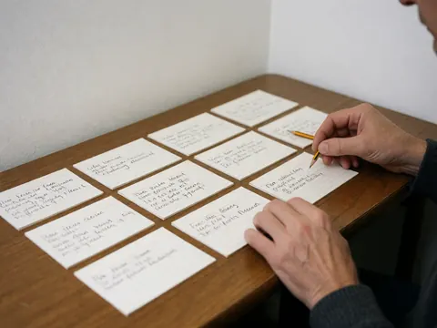 Une main tenant un crayon écrit sur une carte posée sur une table en bois, entourée d'autres cartes organisées, éclairage naturel et fond blanc.