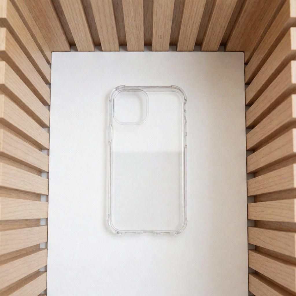 Coque de protection transparente pour smartphone avec découpes précises, posée sur une surface blanche entourée de panneaux en bois clair sous un éclairage diffus et propre.