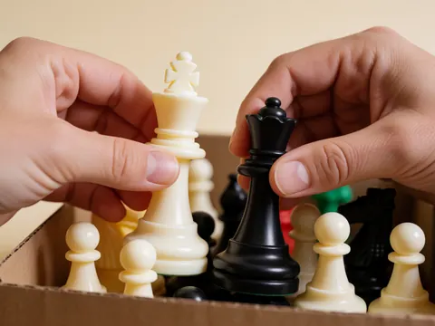 Gros plan sur des mains tenant des pièces d'échecs en plastique, le roi blanc et la reine noire, près d'une boîte, idéal pour une école d'échecs ou un jouet éducatif.
