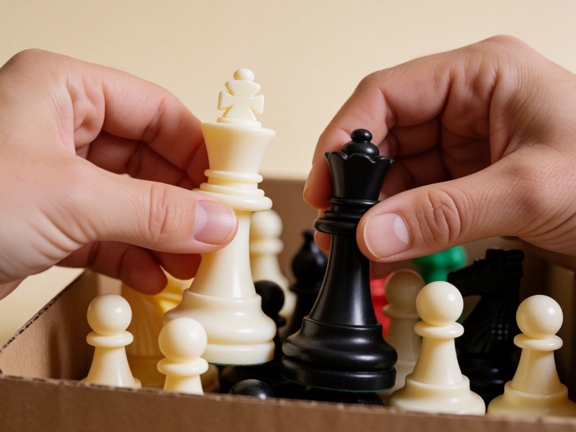 Gros plan sur des mains tenant des pièces d'échecs en plastique, le roi blanc et la reine noire, près d'une boîte, idéal pour une école d'échecs ou un jouet éducatif.